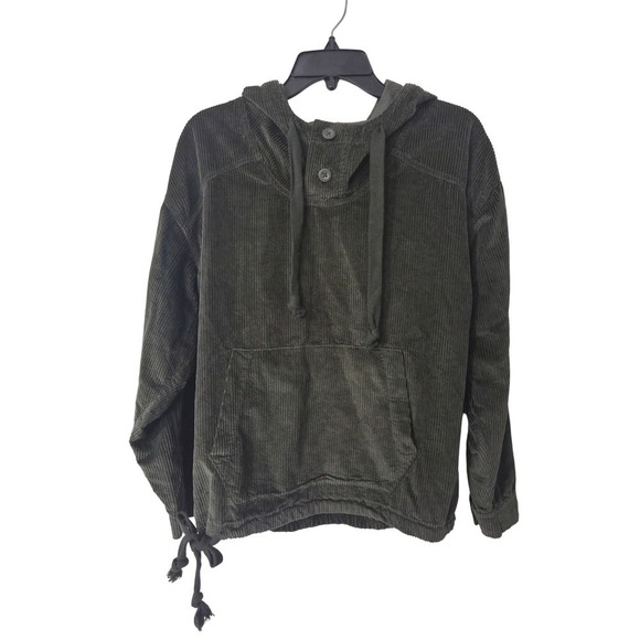 American Eagle Outfitters Tops - American Eagle Corduroy Hooded Pullover Sweatshirt Olive Green Women's Small S